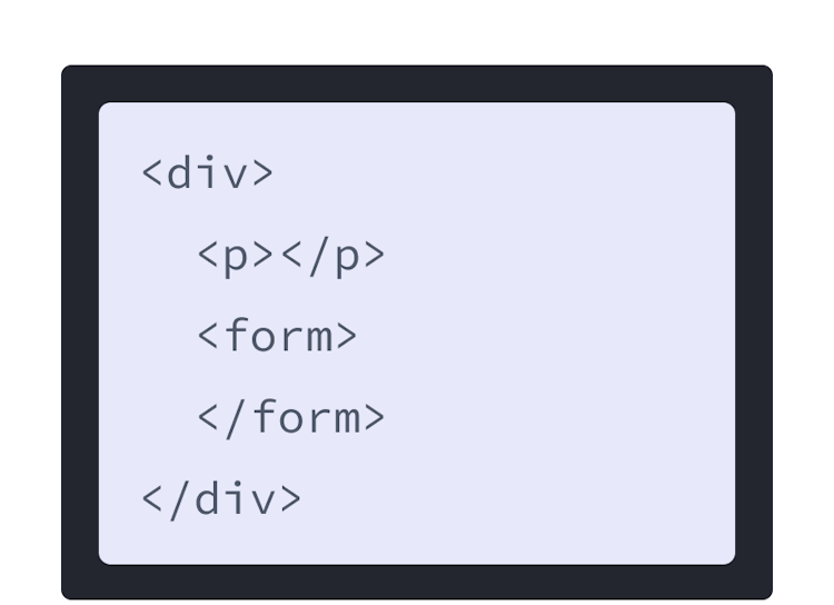 markup HTML dengan latar belakang berwarna ungu dan sebuah div dengan dua children tag: p dan form. 