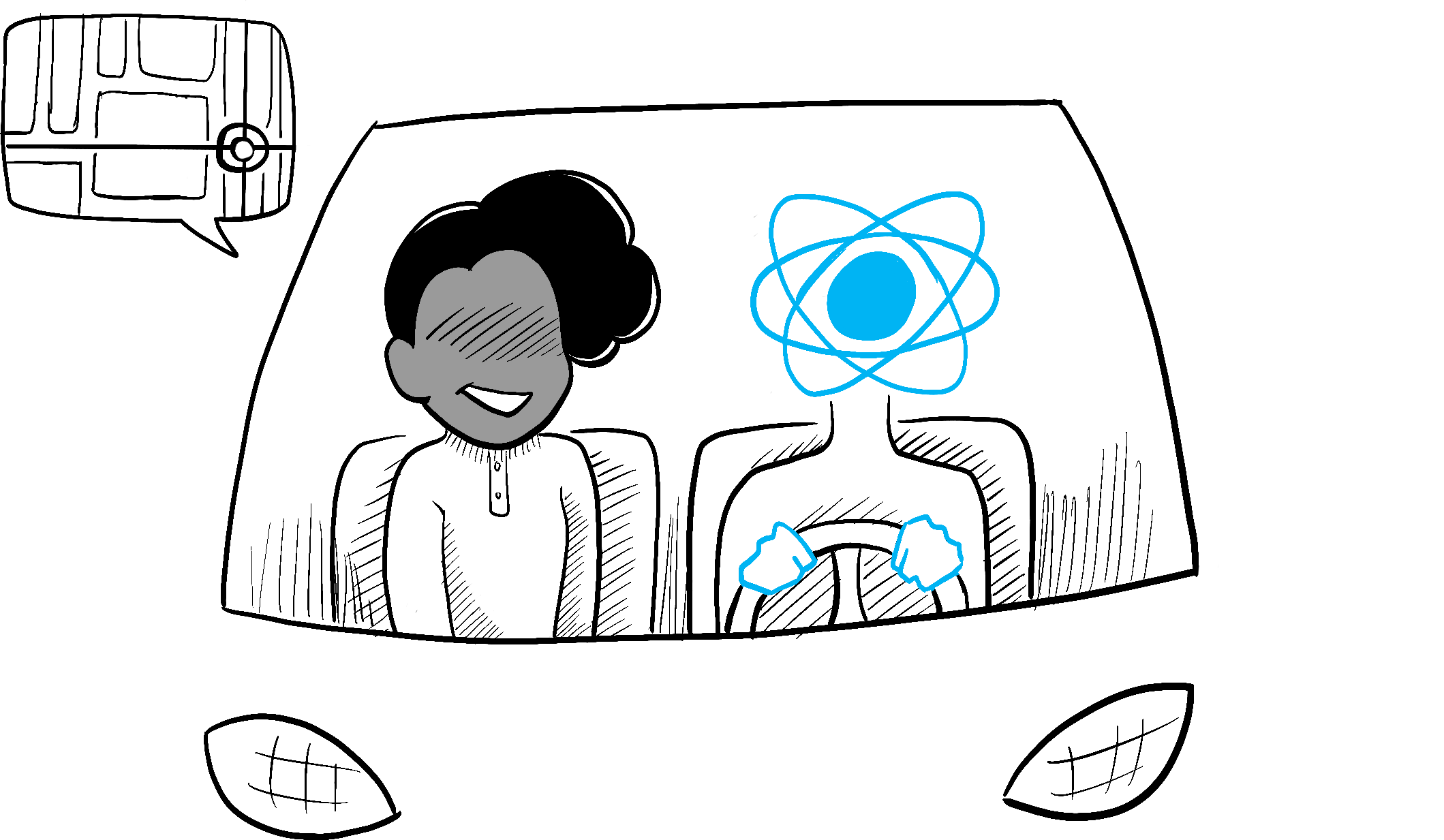 In a car driven by React, a passenger asks to be taken to a specific place on the map. React figures out how to do that.